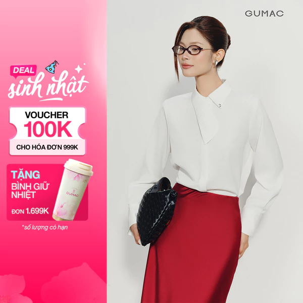 Áo Sơ Mi Nữ GUMAC Form Suông Rộng Cổ Kiểu Dài Lệch Nẹp Khuy Giấu Hiện Đại Đính Nút Đá Sang Trọng AE10058