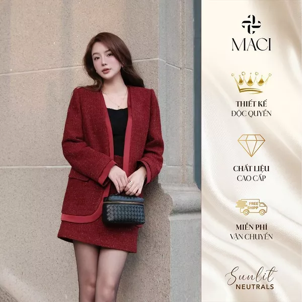 Set Áo Blazer Dạ Tweet và Chân Váy Hàn Màu Đỏ Đô Phối Lụa Queen Cao Cấp MACI MCAABDO0240