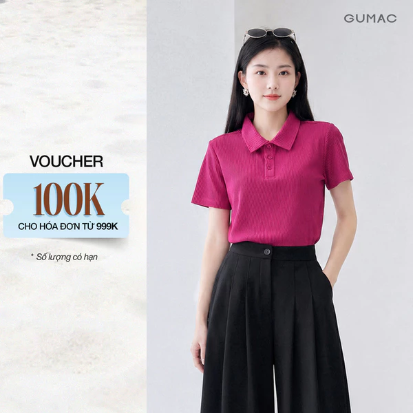 Áo polo nữ GUMAC tay ngắn nẹp cổ gài 3 nút cùng màu áo PLE11074