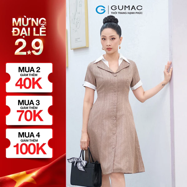 Đầm Nữ GUMAC Form A Phối Cổ Sơ Mi Tay Xẻ V Cách Điệu Thanh Lịch DF04034