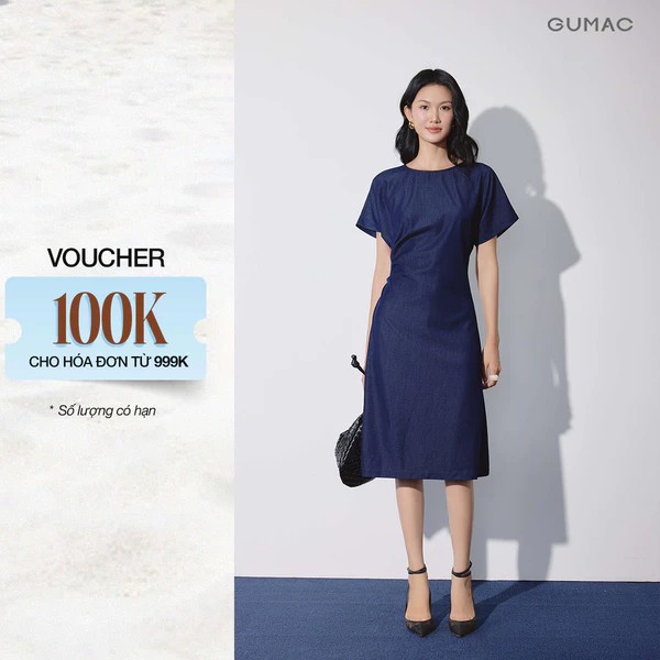 Đầm Suông Nữ GUMAC Tay Liền Xoắn Eo Tôn Dáng Cổ Sau Giọt Nước Chất Lụa Denim Mềm Thanh Lịch DG08062