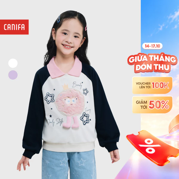 Áo nỉ bé gái CANIFA chất liệu nỉ lót lông dài tay cổ polo in họa tiết 1TW25C002
