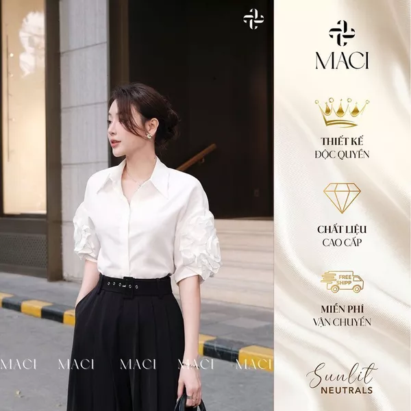 Áo Sơ Mi Trắng Tay Hoa MACI Thời Trang Nữ Thiết Kế Độc Quyền