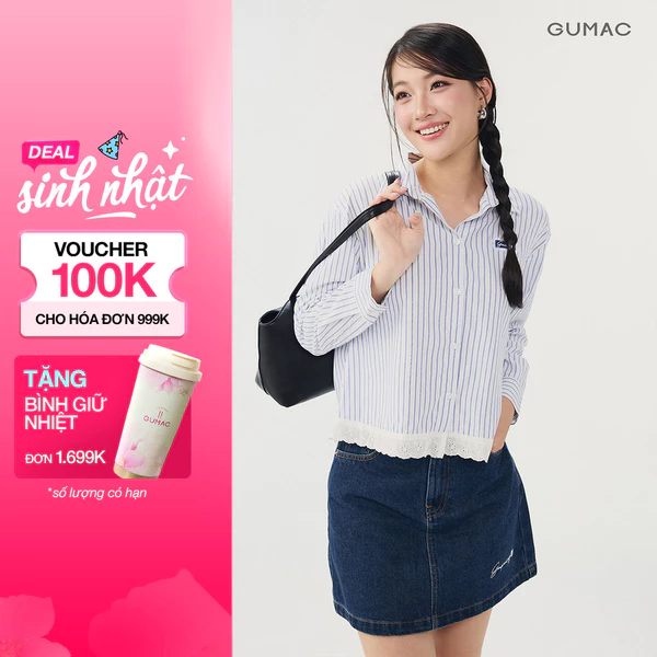 Áo Sơ Mi Nữ Gmorning - GUMAC Form Boxy Tay Dài Lai Phối Ren Nữ Tính Tinh Tế YAG05031
