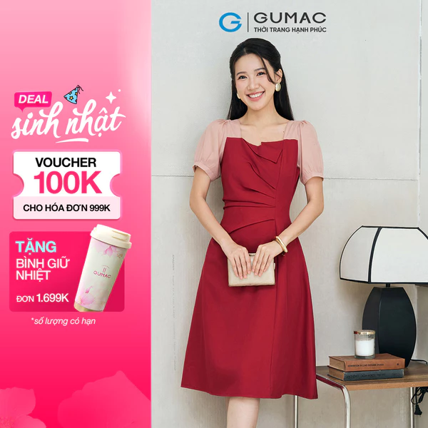 Đầm Nữ GUMAC Form A Xếp Ly Tay Phồng Phối Tơ Nữ Tính Hiện Đại LDE0701