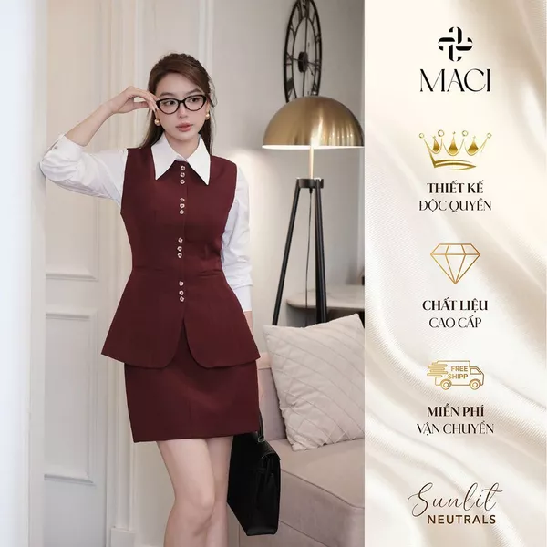 Set Áo Gile Khuy Titan Và Chân Váy A Dáng Ngắn Đỏ Burgundy Chất Chéo Hàn MACI MCAAVDO0332