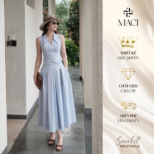 Chân Váy Xoè Bấu Li Kẻ Xanh Chất Thô Hàn MACI MCVCVXD0320 Thời Trang Nữ Thiết Kế Độc Quyền