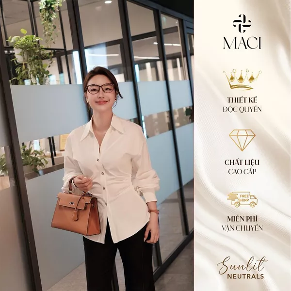 Áo Sơ Mi Trắng Nhún Eo Dài Tay Khuy Titan Chất Bamboo Hàn MACI MCASMTR0340 Thời Trang Nữ Thiết Kế