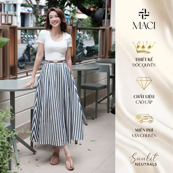 Chân Váy Kẻ Xanh Xếp Li Xoè Chất Thô Cotton Hàn MACI MCVCVKE0377 Thời Trang Nữ Thiết Kế Độc Quyền