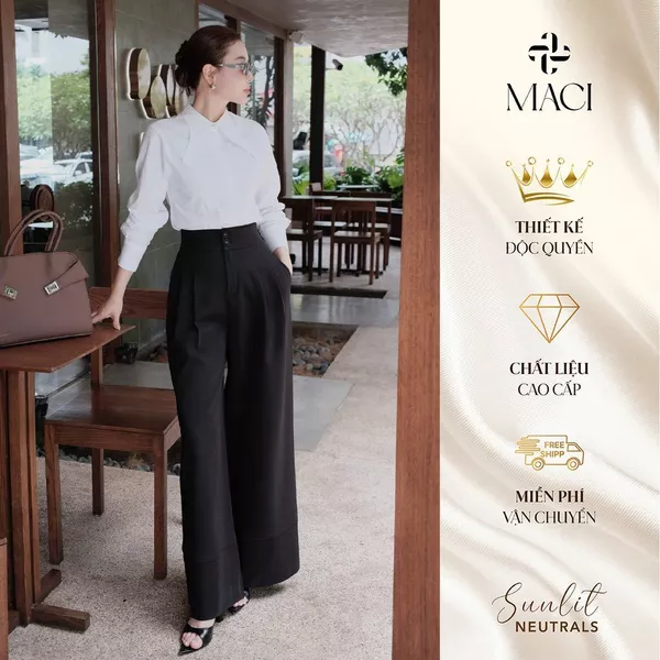 Quần Suông Chiết Li Chéo Ý Cạp Cao Màu Đen - Be Ghi MACI MCQQAXA0283 Thời Trang Nữ Thiết Kế