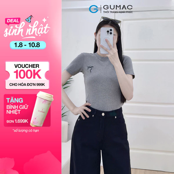 Áo thun nữ GUMAC form slim tay ngắn cổ tròn bo viền phía trước thêu nơ  LATF0624