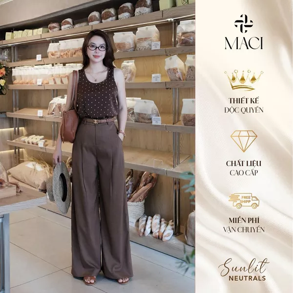 Quần Suông Nâu Vintage Chiết Li Chất Linen Hàn MACI MCQQANA0291 Thời Trang Nữ Thiết Kế Độc Quyền