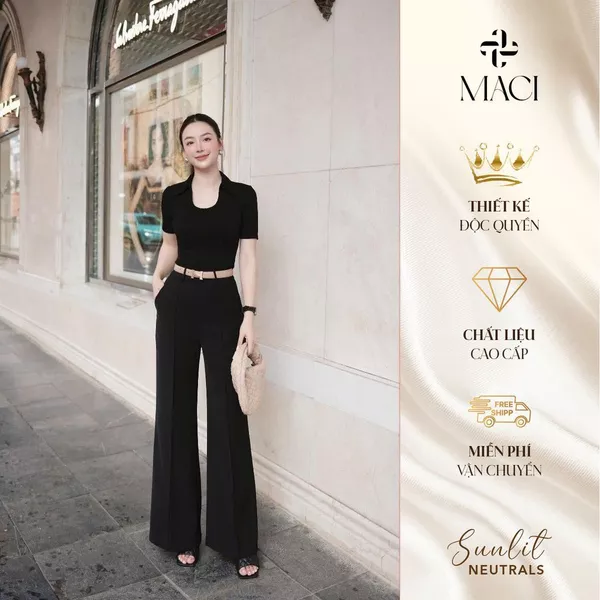 Quần Suông Đen Gân Nổi Chất Liệu Chéo Hàn Cao Cấp MACI MCQQTDE0100 Thời Trang Nữ Thiết Kế Độc Quyền
