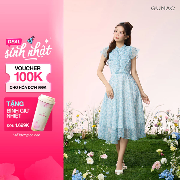 Đầm Nữ GUMAC Cổ Trụ Phối Cổ Tròn Bèo Thân Trước Mềm Mại Nút Bọc Sang Trọng Điểm Nhấn Tinh Tế DG06047