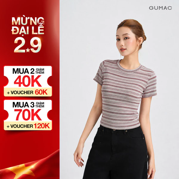 Áo Thun Nữ GUMAC Form Ôm Slim Cổ Tròn Tay Ngắn Chất Thun Sọc Mịn Co Giãn Thoải Mái LATG05051