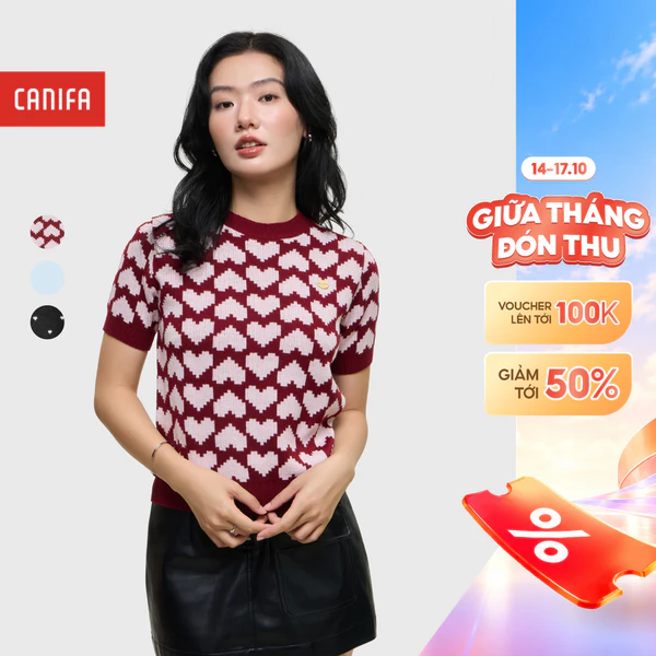 Áo len nữ CANIFA cổ tròn cộc tay dáng ngắn chất liệu mềm mịn 6TE25W015