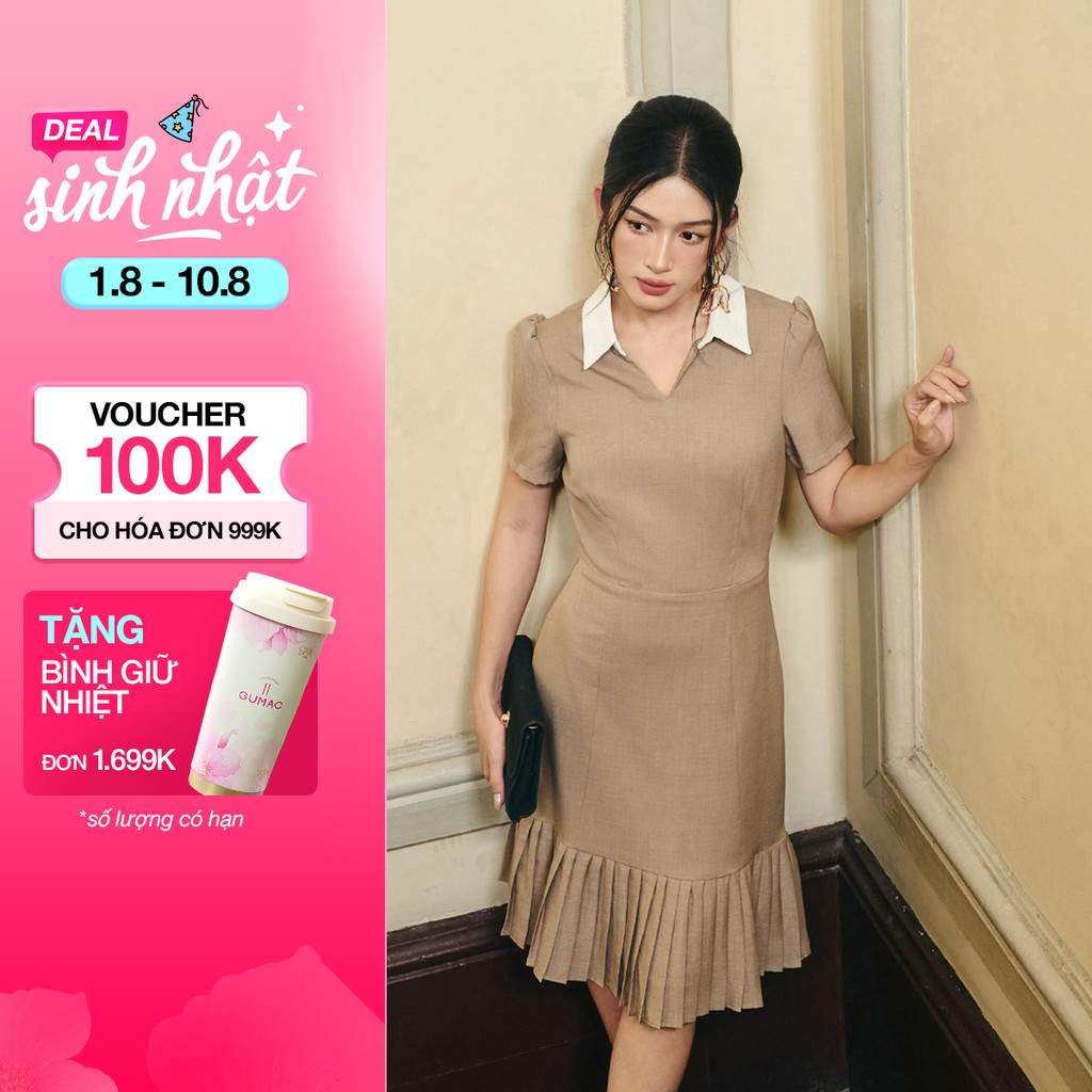 Đầm nữ GUMAC form A lá cổ sơ mi phối trắng  DF10074