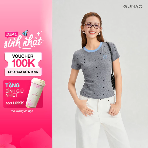 Áo Thun Nữ Gmorning - GUMAC Chấm Bi Form Ôm Ngắn Thêu Logo GMOR Cổ Bo Phối Màu Trẻ Trung Hiện Đại YATG07054