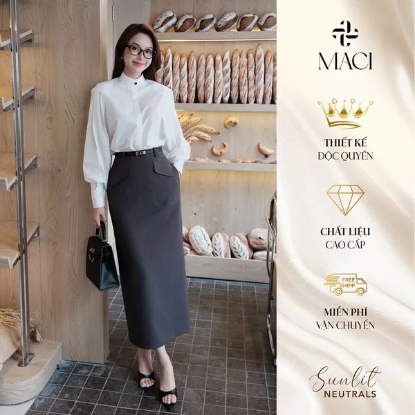 Chân Váy Midi Diễu Túi Màu Ghi Xám Chất Chéo Thái MACI MCVCVGH0314 Thời Trang Nữ Thiết Kế Độc Quyền