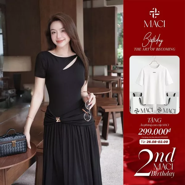 Đầm Dài Cổ Thuyền Cut-out Nhún Eo Luồn Trang Trí Chất Thun Uni Cát MACI MCVVADE0344 Thời Trang Nữ