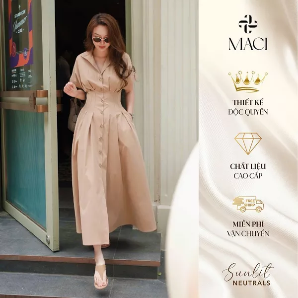 Đầm Sơ Mi Cổ Bẻ Khuy Sừng Tay Lơ Vê Chất Kaki Lạnh MACI MCVVAKE0373 Thời Trang Nữ Thiết Kế Độc Quyền