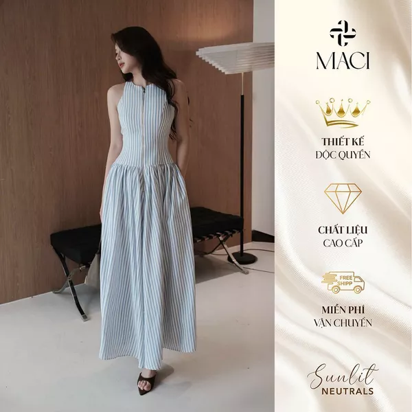 Váy Kẻ Xanh Sát Nách Khoá Đồng Chất Thô Cotton Hàn 2 Lớp MACI MCVVAXD0286 Thời Trang Nữ Thiết Kế Độc Quyền