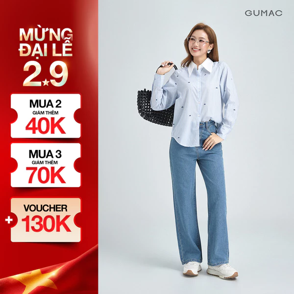 Quần Jeans Nữ Dáng Suông Vừa GUMAC Màu Xanh Đậm Tôn Dáng Chất Jeans Mềm Đứng Form LQJE1109