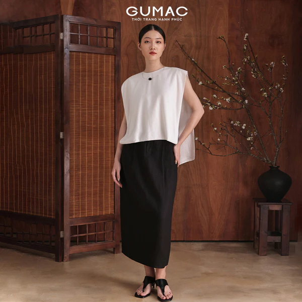 Chân váy thiết kế dáng suông có xếp li may hai lớp có xẻ phía sau EVG01051 (Linen Pleated Midi Skirt)
