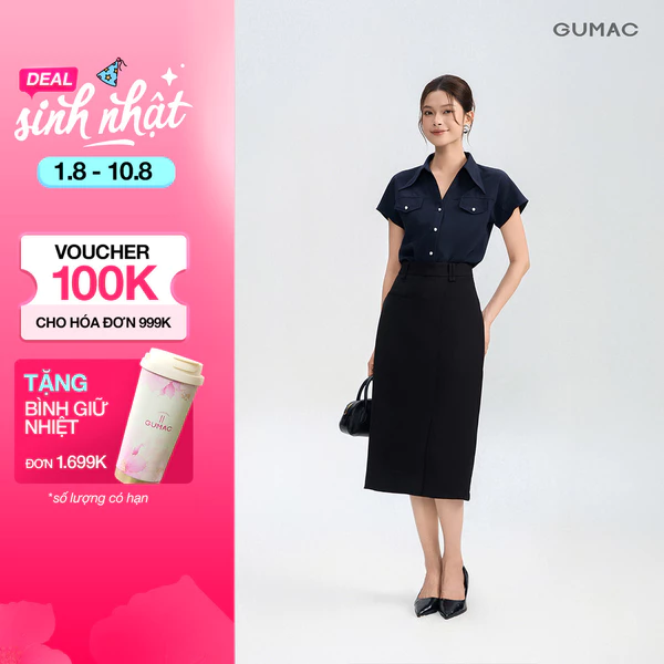 Chân Váy Nữ GUMAC Form Suông Xẻ Tà Túi Kiểu Vải Cotton Chéo Hiện Đại VG05030