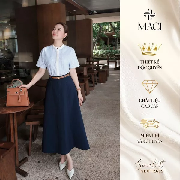 Chân Váy Midi Xoè Dáng A Màu Xanh Than Chất Trượt Hàn MACI MCVCVDE0318 Thời Trang Nữ Thiết Kế