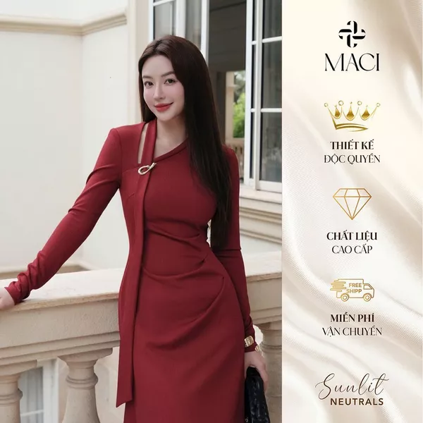 Đầm Dài Đỏ Đô Thiết Kế Cổ Vạt Cách Điệu Chất Thun Dạ Co Dãn Nhẹ MACI MCVVADO0206 Thời Trang Nữ Thiết Kế Độc Quyền