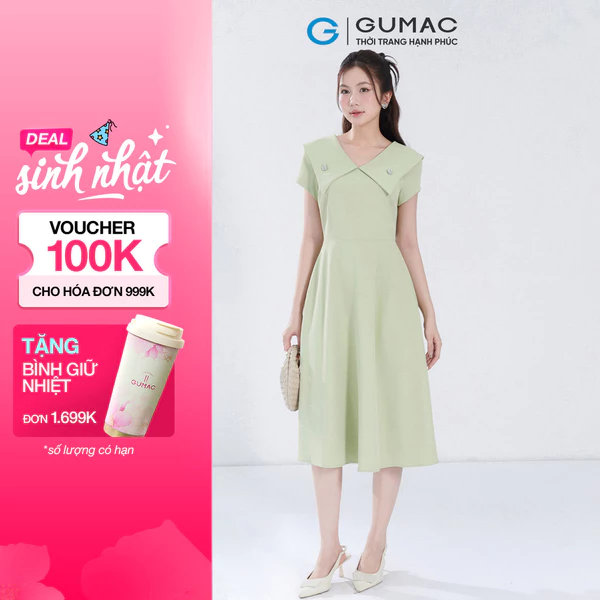 Đầm Nữ Form A GUMAC Cổ V Đính Phụ Kiện Chất Chéo Nhật Thanh Lịch DF07048