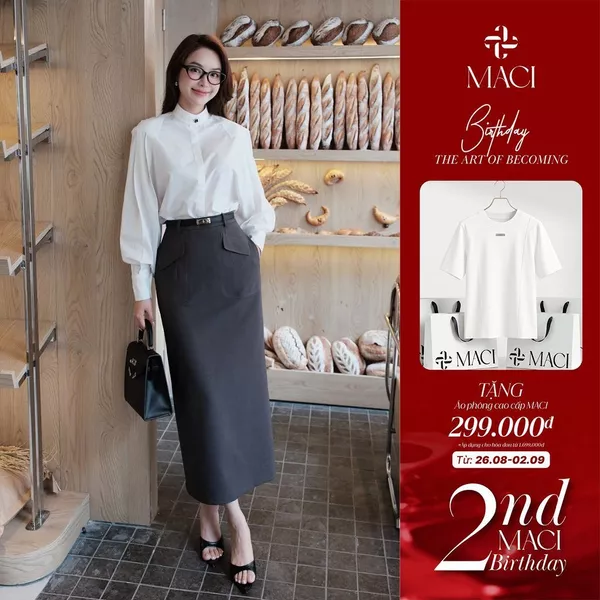 Chân Váy Midi Diễu Túi Màu Ghi Xám Chất Chéo Thái MACI MCVCVGH0314 Thời Trang Nữ Thiết Kế Độc Quyền