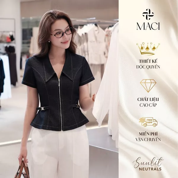 Áo Denim Khoá Đồng Cổ Nhạn Diễu Chỉ MACI MCAABXD0365 Thời Trang Nữ Thiết Kế Độc Quyền