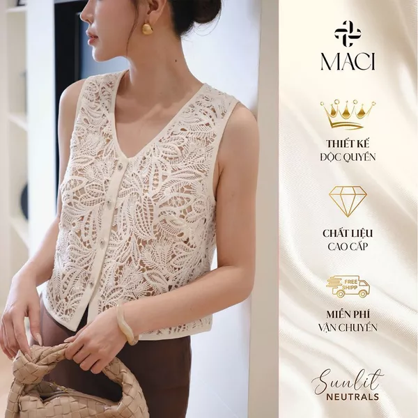 Áo Gile Ren Nổi Bo Viền Dáng Suông MACI MCAGLTR0380 Thời Trang Nữ Thiết Kế Độc Quyền