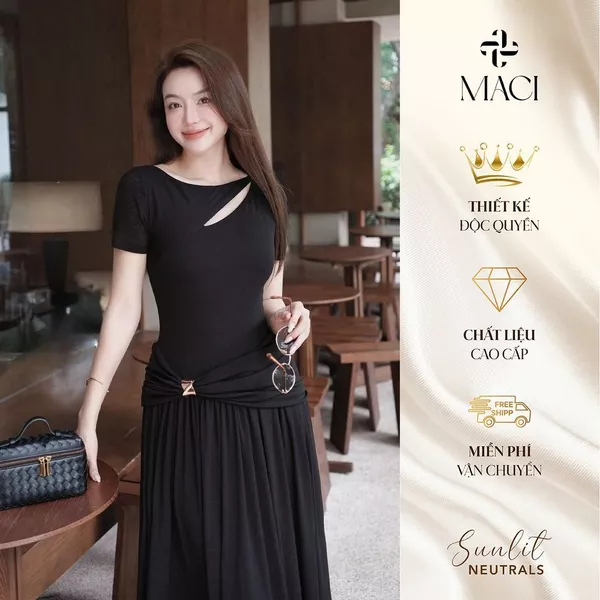 Đầm Dài Cổ Thuyền Cut-out Nhún Eo Luồn Trang Trí Chất Thun Uni Cát MACI MCVVADE0344 Thời Trang Nữ