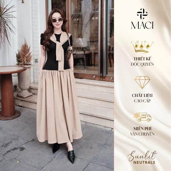 Váy Liền Dáng Xoè Chất Thun Uni Hàn Phối Kaki Lạnh Kèm Khăn Choàng Rời MACI MCVVABE0364 Thời Trang