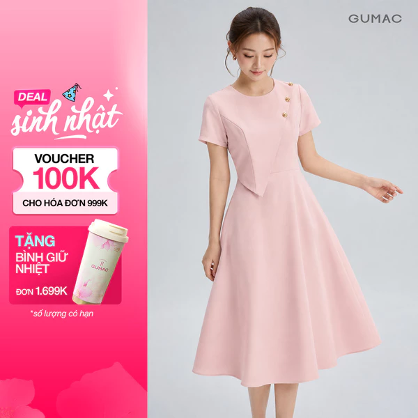 Đầm Nữ Dáng A GUMAC Có Phối Bản Phía Trước Kiểu Đính Phụ Kiện Kim Loại Có Túi Sườn DG07049