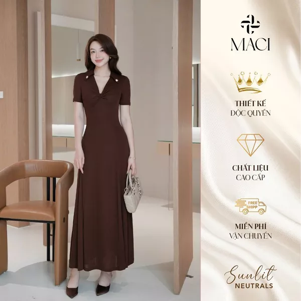 Váy Thun Tằm Xoắn Ngực Màu Nâu Chocolate MACI MCVVANA0297 Thời Trang Nữ Thiết Kế Độc Quyền