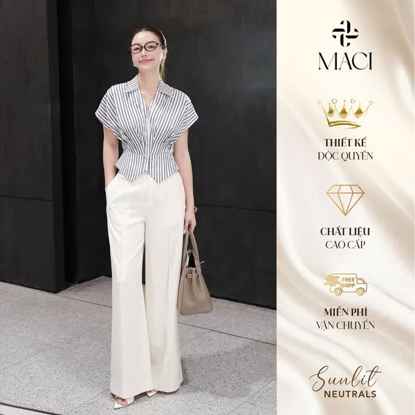 Áo Sơ Mi Kẻ Xanh Bò Chiết Eo Tay Dơi Chất Cotton Kate Thoáng Mát MACI MCASMKE0352 Thời Trang Nữ