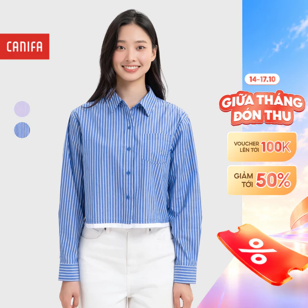 Áo sơ mi dài tay nữ basic công sở họa tiết kẻ sọc dáng ngắn CANIFA 6TH26S003