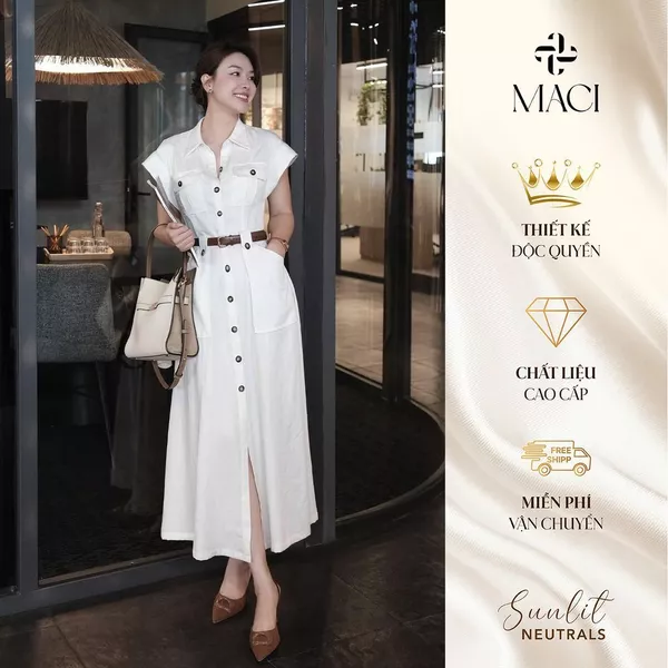 Váy Sơ Mi Linen Tay Lơ Vê Khuy Sừng Kèm Đai Màu Trắng Tiêu MACI MCVVATR0335 Thời Trang Nữ Thiết Kế