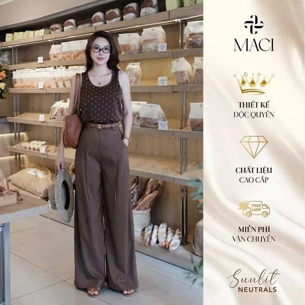 Quần Suông Nâu Vintage Chiết Li Chất Linen Hàn MACI MCQQANA0291 Thời Trang Nữ Thiết Kế Độc Quyền