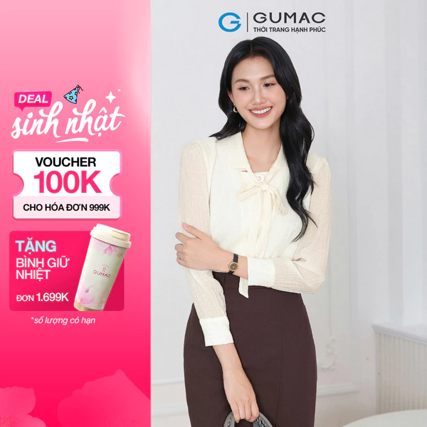 Áo sơ mi nữ GUMAC tay dài phối dây nơ cổ nữ GUMAC tính vải voan xốp 2 lớp công sở  AF04016
