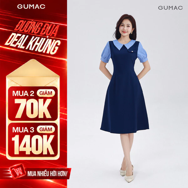 Đầm Chữ A Nữ GUMAC Váy Công Sở Phối Cổ Sọc Thanh Lịch Chất Tuyết Mưa Có Túi LDF0904
