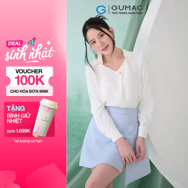 Áo Kiểu Nữ GUMAC Form Suông Tay Dài Măng Set Cổ Vuông Lá Cổ Sơ Mi Lụa Ý Mềm Tiểu Thư AF07028