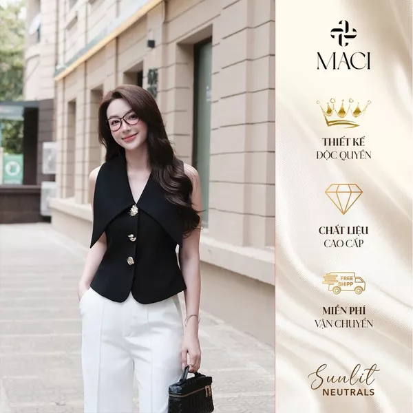 Áo Gile Cổ Nhạn Phối Khuy Vàng Cách Điệu MACI MCAGLDE0107 Thời Trang Nữ Thiết Kế Độc Quyền