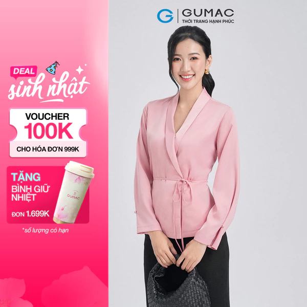 Áo Sơ Mi Nữ GUMAC Chất Lụa Kiểu Đắp Chéo Tay Dài Thắt Eo Form Suông Thời Trang AE07066