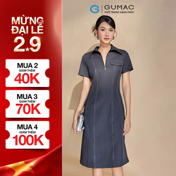Đầm Nữ GUMAC A Cổ Bẻ Có Dây Kéo Ôm Eo Phối Chỉ Nổi Tôn Dáng Sang Trọng DG01017