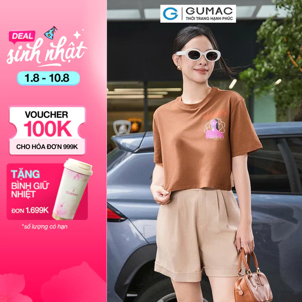 Áo thun nữ GUMAC in phối thêu  ATE07015